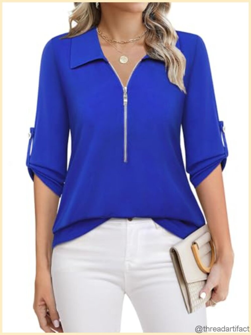 Womens 3/4 Sleeve Tunic Blouse V-Neck Roll Tab Work Top